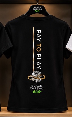 Illustrative black BLACK THREAD eco creator tee, back view on hanger