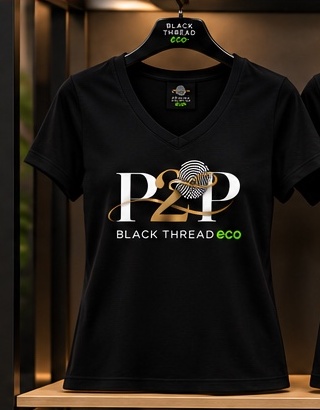 Illustrative black BLACK THREAD eco creator tee, front view on hanger