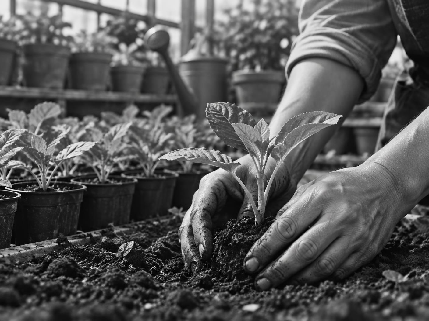 Hands planting a seedling in a plant nursery